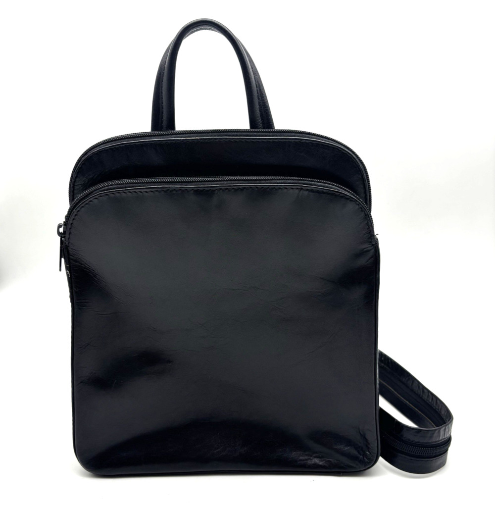 Vintage 90s Y2K NINO BOSSI Black Gloss Genuine Leather Backpack Purse 10x11"